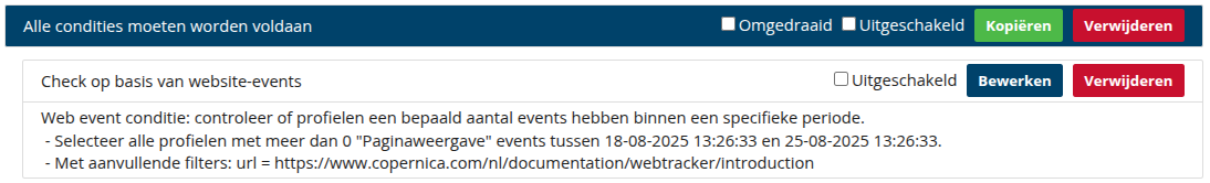 Voorbeeld van een selectie op basis van de check op
website-event