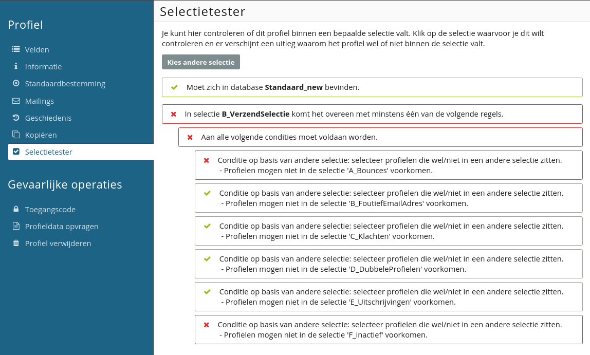 Voorbeeld van de selectietester